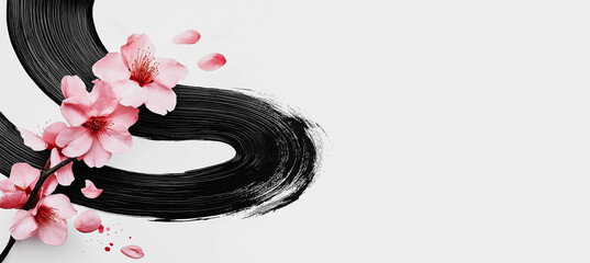 Pink cherry blossom black brushstroke art flower paint abstract