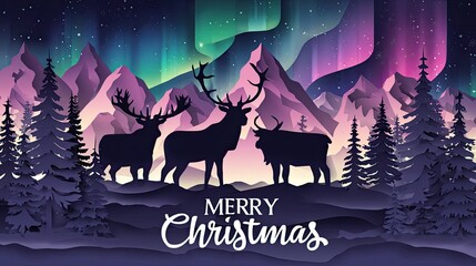 Silhouetted Reindeer in Northern Lights Christmas Landscape Scene