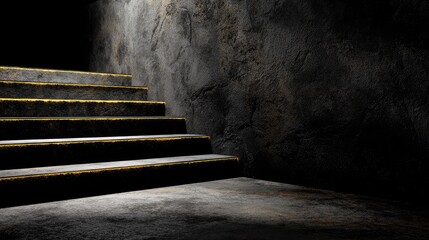 Dark Staircase with Yellow Edges in Dimly Lit Environment