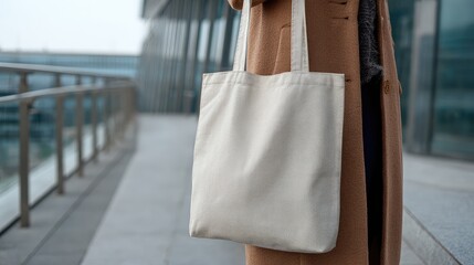 Neutral Tote Bag Held by a Person in a Modern Urban Setting