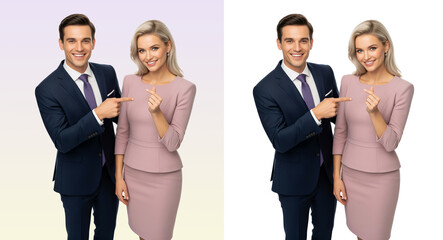 Conference invitation with special offer as a businessman points to a businesswoman making a hand sign, isolated cutout for event registration ads, summit promotion and speaker announcement