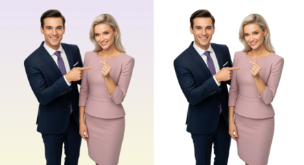 Conference invitation with special offer as a businessman points to a businesswoman making a hand sign, isolated cutout for event registration ads, summit promotion and speaker announcement