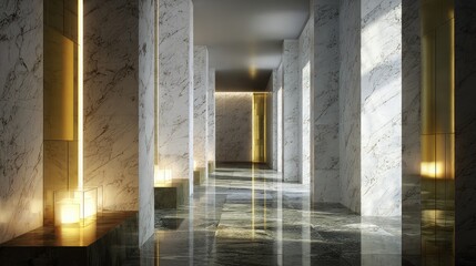 Modern Marble Hallway with Illuminated Walls and Elegant Design