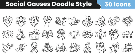 Collection of thirty hand drawn doodle style icons representing diverse social causes including environment disability finance and human rights advocacy on transparent background