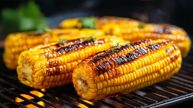 Close-up of yellow corn kernels roasting on hot BBQ grill, summer barbecue detail, grilled vegetable texture, cooking process, with copy space