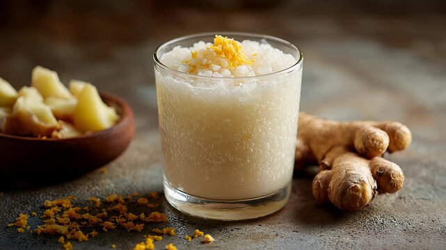 Refreshing ginger lemon honey drink in a glass with fresh ginger and lemon zest on rustic background