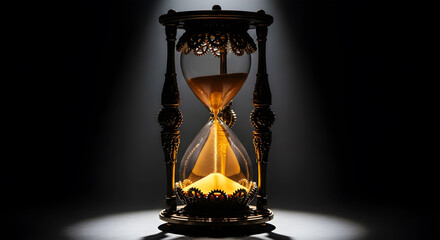 Ornate antique hourglass with sand flowing in dramatic spotlight against dark background time
