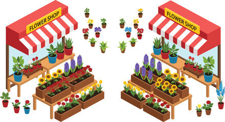 Isometric flower shop market with colorful plants, potted flowers, and floral displays for retail gardening illustration concept design