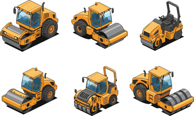 Isometric road roller construction vehicles set showing different angles, heavy machinery for road building and infrastructure projects