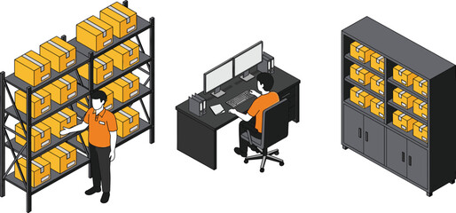 Isometric warehouse inventory control illustration with worker, storage shelves, boxes, and office workstation for logistics management operations