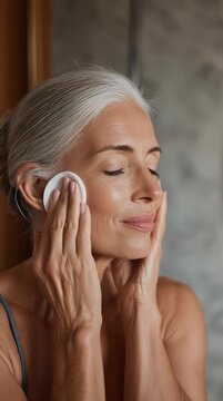 Elegant mature woman with silver hair gently applies facial cream to her skin in a bright modern bathroom showcasing self-care and healthy aging beauty rituals