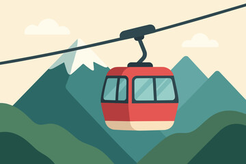 Scenic Red Gondola Car Ascends Over Lush Green Mountains and Snow Capped Peaks Under a Softly Lit Sky