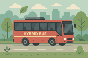 Red Hybrid Bus Driving on a Road Through a Green Park with Trees and City Buildings in the Background on a Cloudy Day