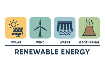Renewable Energy Sources Solar Wind Water Geothermal Icons with Title Against Black Background Representing Sustainable Power Generation and Clean Energy Solutions