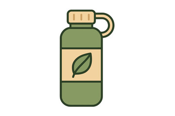 Simple Flat Design Icon of a Reusable Water Bottle in Earthy Tones Featuring a Leaf Emblem Promoting Eco Friendly Hydration and Sustainable Living
