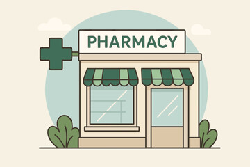 Simple flat illustration of a pharmacy building with a green cross sign and awnings in a pastel color palette featuring a clean modern design suitable for healthcare themes
