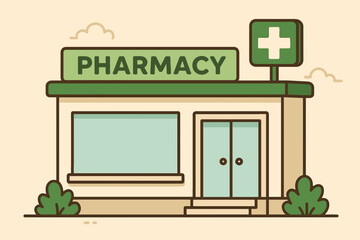 Simple Flat Illustration of a Pharmacy Building with Green Cross Sign and "Pharmacy" Text in a Pastel Beige Background with Minimalist Green Bushes and Clouds