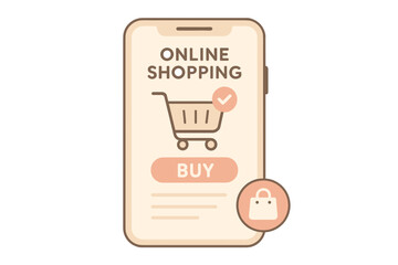 Smartphone Screen Displays Online Shopping Interface Featuring Shopping Cart Icon And Buy Button With Lock Symbol Representing Secure Transactions In A Minimalist Design With Peach And Beige Tones