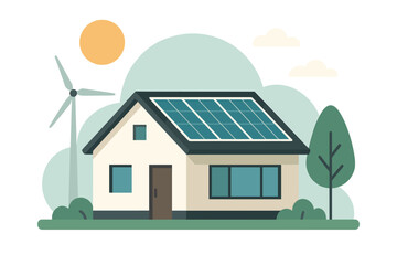 Sustainable Eco Friendly House with Solar Panels and Wind Turbine Generating Clean Energy Under a Bright Sunny Sky