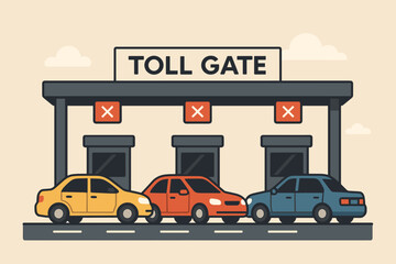 Three Cars Lined Up At A Toll Booth Plaza With Red X Signs Above Each Lane Under A Cloudy Sky