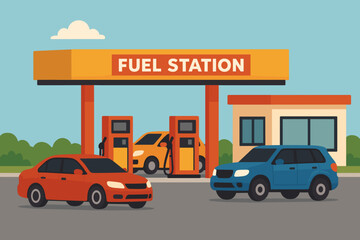 Two Cars At A Bright Orange Fuel Station Under A Blue Sky With Green Trees And A White Cloud In The Background With Buildings And Gas Pumps Visible On A Sunny Day