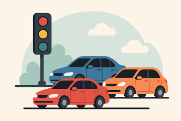 Traffic Jam Scene With Cars Waiting At A Traffic Light On A Cloudy Day Featuring Red Orange And Blue Vehicles In A City Street
