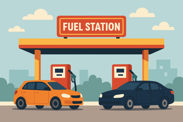 Two Cars Refueling At A Vibrant Pixel Art Style Fuel Station Under A Bright Sunny Sky With Fluffy Clouds And A City Skyline In The Background Representing Transportation And Travel