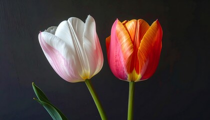 Two Tulips, White and Orange, Close Up.