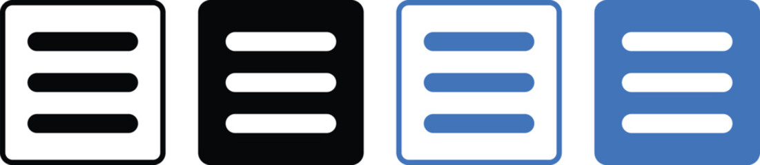 menu icon set. Website navigation symbol. Hamburger web. List menu sign.  App burger icons. three horizontal bars. Squares dots and ellipsis
