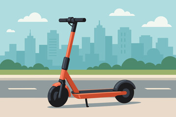 Vibrant Orange Electric Scooter Parked on a City Sidewalk with a Distant Skyline Under a Cloudy Blue Sky
