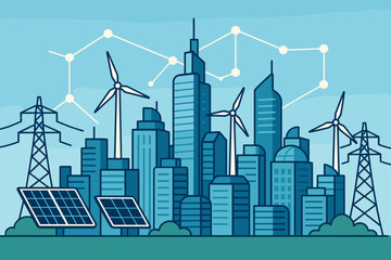 Vibrant Cityscape Showcasing Sustainable Energy Sources Including Wind Turbines Solar Panels and Power Lines Against a Clear Blue Sky with Abstract Network Connections Above