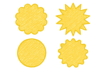 Set of Four Yellow Starburst and Scalloped Circle Shapes with Textured Fill on Black Background Simple Geometric Graphics