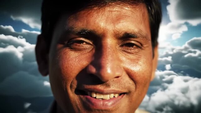 Close-up of smiling man with closed eyes against a backdrop of clouds and sky