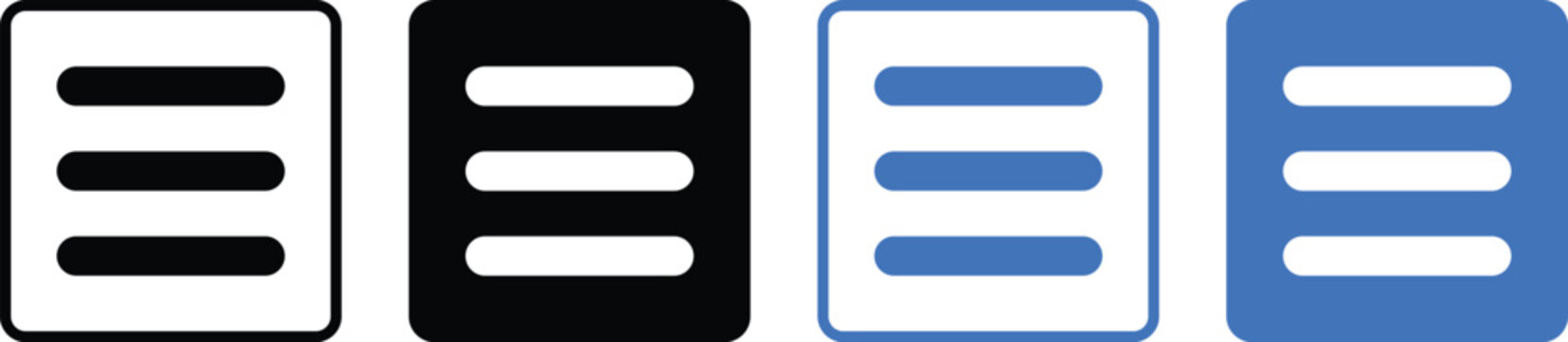 menu icon set. Website navigation symbol. Hamburger web. List menu sign.  App burger icons. three horizontal bars. Squares dots and ellipsis
