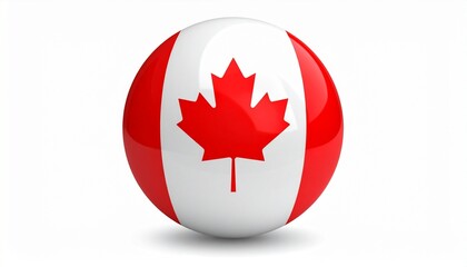Canadian flag sphere with red maple leaf, 3D design, patriotic, modern, symbolic, vibrant.
