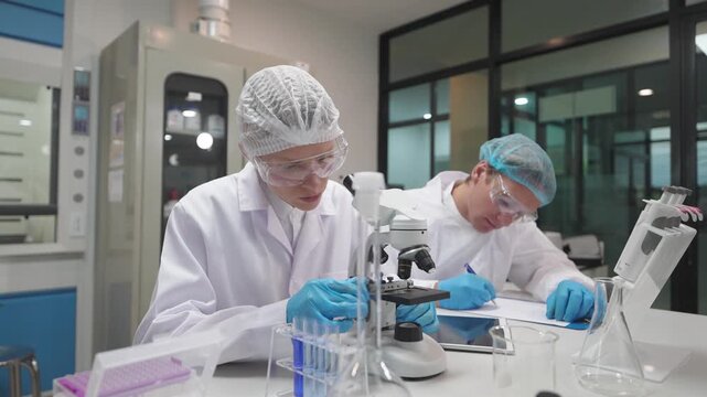 Scientists conduct research in laboratory using microscope and taking notes on experiments