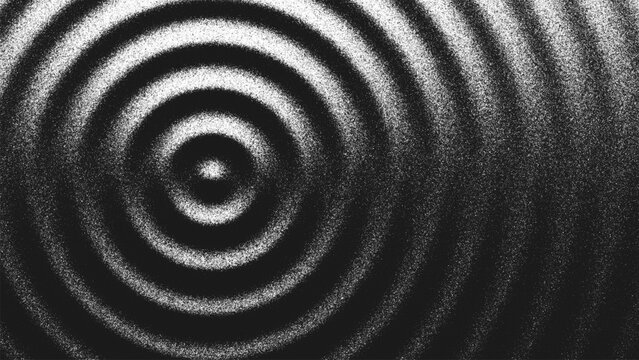Stippling artwork with concentric circles geometry expand in rhythmic harmony. Ripple pattern made from countless dots creating illusion of light and shadow. Dynamic illusion of sound waves. Vector