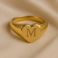 Elegant Gold Heart Monogram Ring with Letter M on Neutral Fabric Background