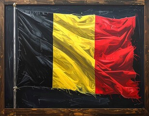 Painted Belgium flag, black, yellow, red, with textured brush strokes in wood frame