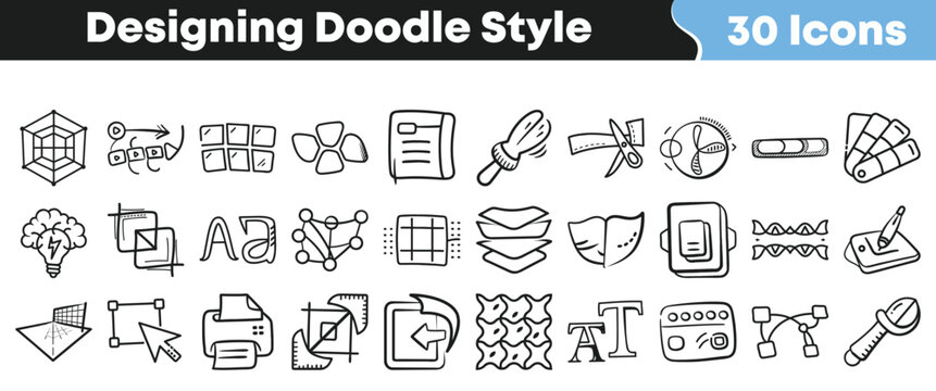 Thirty hand drawn black and white doodle style icons representing various creative design tools concepts and digital art elements for presentations on transparent background