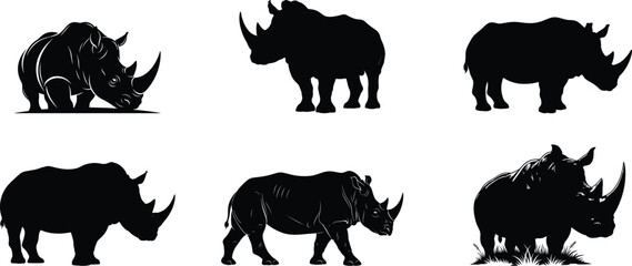 Six black and white rhinoceros silhouettes