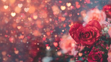 Bright red roses with heart shapes in the background for a romantic setting