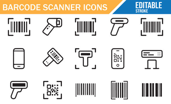 Set of barcode scanner and product code line icons.