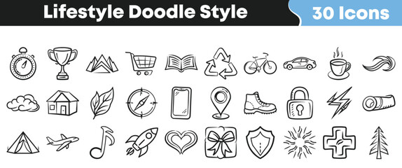 Collection of thirty hand drawn lifestyle doodle icons representing travel achievement nature technology and everyday activities in black and white on transparent background