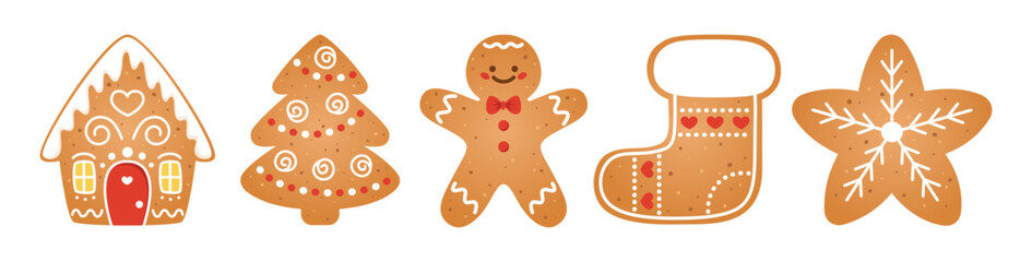 Gingerbread Cookies Set. Homemade Christmas cookies decorated with icing. House, tree, man, stocking and snowflake. Winter holidays or food theme. Vector illustration isolated on white background.