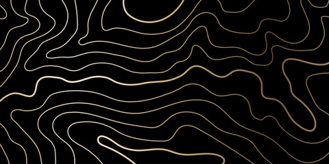 Topography gold pattern. Mountain lines on a geography map. Luxury graphic symbolizing elegant peaks and dunes. Golden vector contour on a black background. Horizontal premium design.