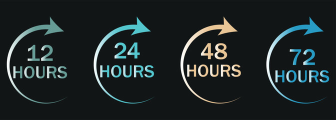 Vector Illustration 12, 24, 48, and 72 Hour Clock Icons. 24 and 48 hour service icon on white background. Large Arrowed Timeline Clocks. 