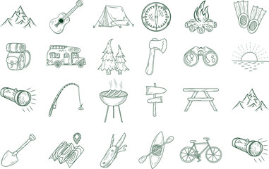 Collection of hand drawn outdoor recreation and camping icons perfect for adventure travel design elements