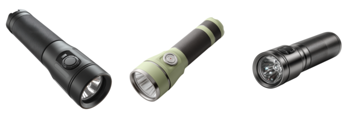 Three different flashlights with black and green bodies and metal accents isolated on a transparent background
