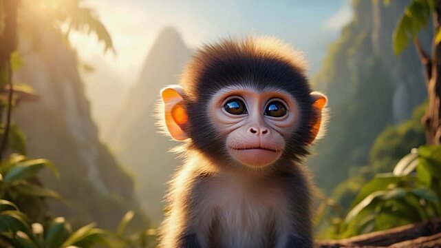 Close up of a baby monkey with big eyes in a jungle setting with mountains and trees in the background monkey video